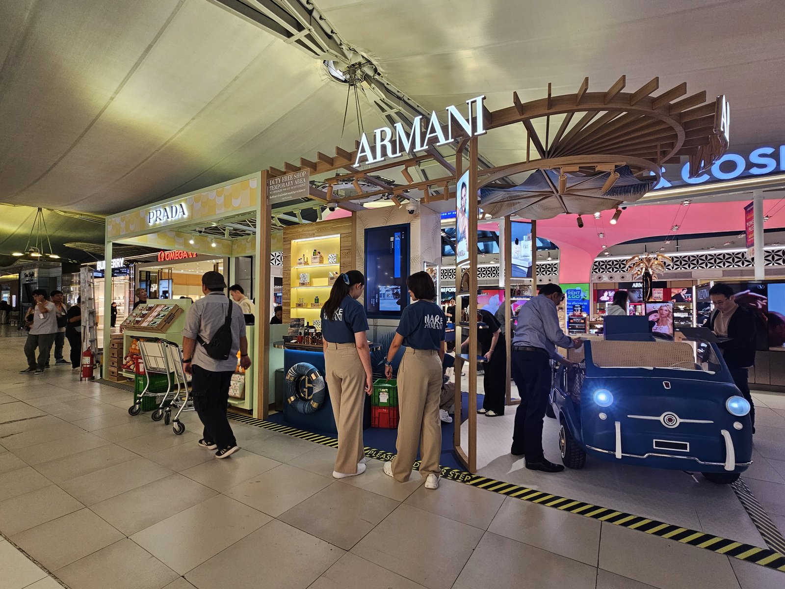 Large custom exhibition pavilion with overhead truss lighting